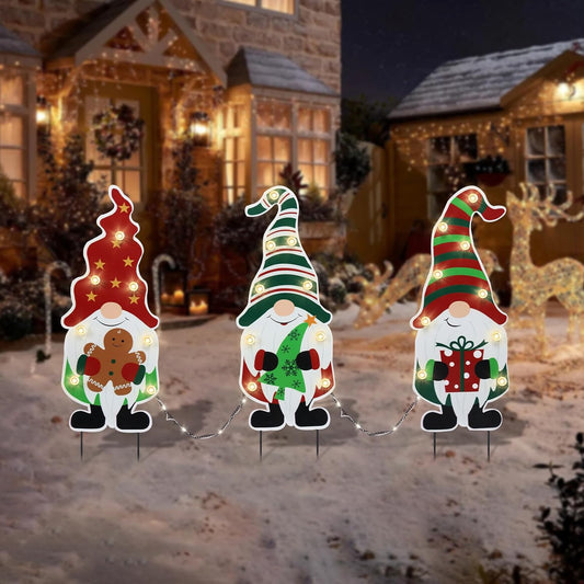 Christmas Yard Stakes Metal Christmas Decorations Outdoor Yard Gnomes Holding Gingerbread Tree Gift Lighted Metal Stakes Outdoor Xmas Stake Lawn Pathway Decoration