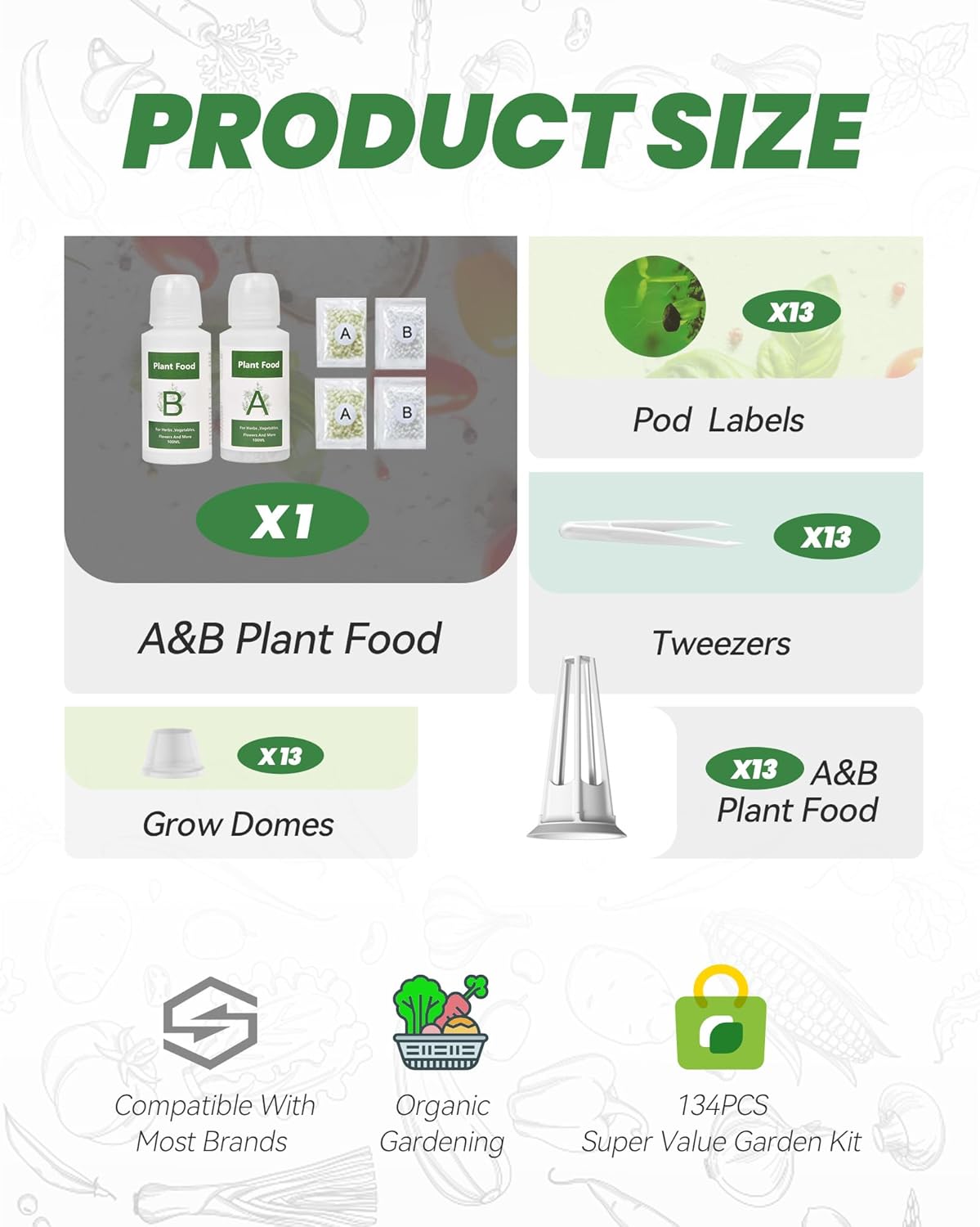 RAINPOINT 134PCS Hydroponic Pods Kit - Seed Pod Kit for Aerogarden and All Brand - 1 PCS AB Food, 2 PCS Fertilizer, 13 PCS Baskets, 13 PCS Covers, 52 PCS Grow Sponges, 52 PCS Labels, 1 PCS Tweezers