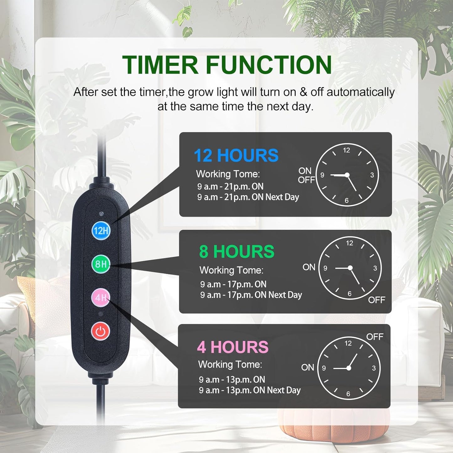 4-Head Desk Grow Lights for Indoor Plants, Seed Starting, Bonsai, Succulent, Cactus with Timer, 36W Table Top LED Plant Growing Lamps, Enough High-Intensity Like Sun, Best Gift for Plants Lover