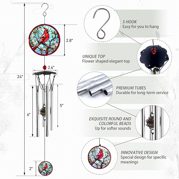 Wind Chimes for Outside 24" Cardinal Wind Chimes Outdoor Home Patio Garden Decor Windchimes Outdoors Cardinal Gifts for Women Mom Grandma Sisters