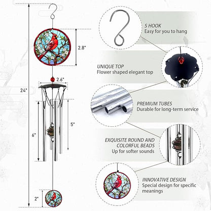 Wind Chimes for Outside 24" Cardinal Wind Chimes Outdoor Home Patio Garden Decor Windchimes Outdoors Cardinal Gifts for Women Mom Grandma Sisters