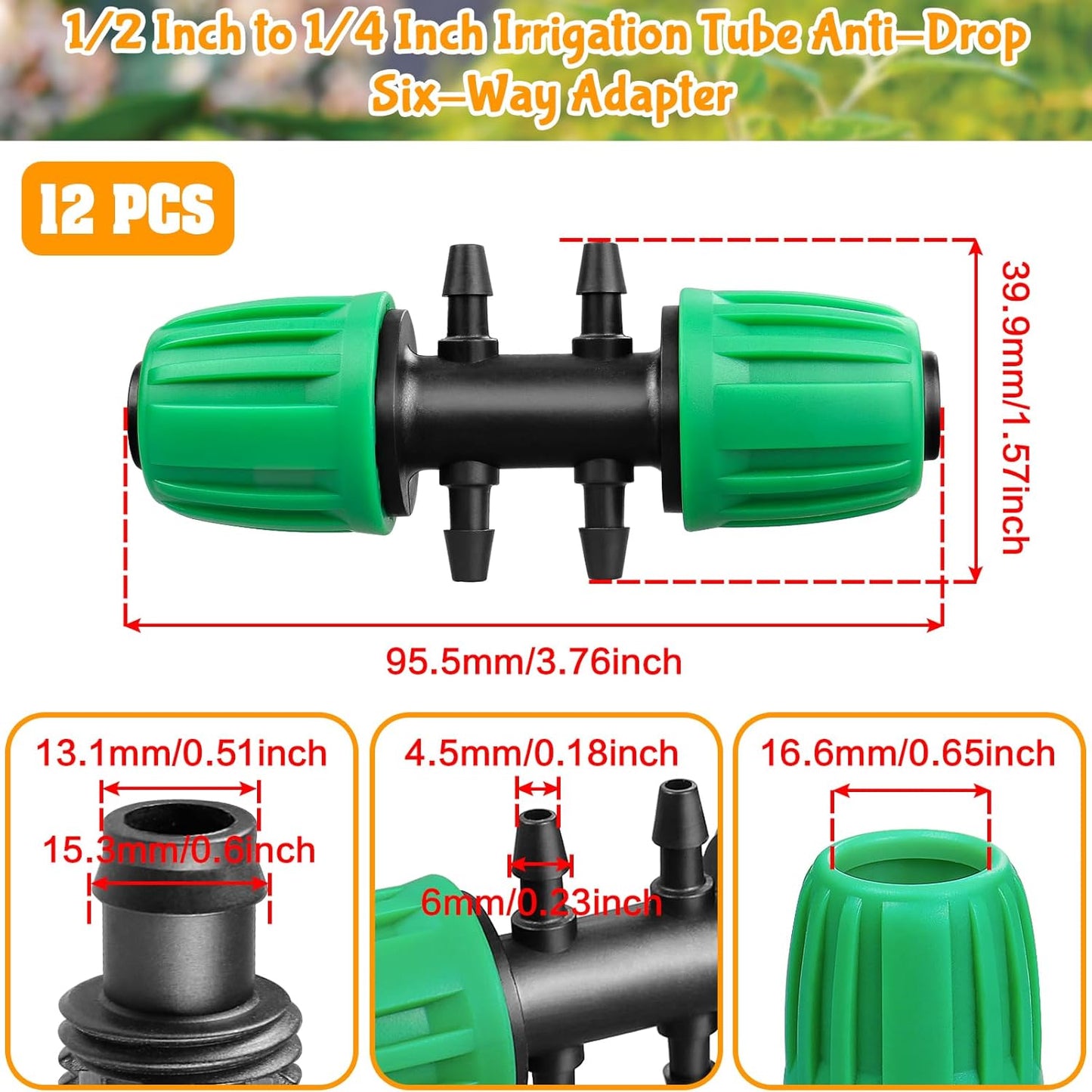 Barbed Tee 1/2 Inch to 1/4 Inch Irrigation Tubing: Locked Barbed Reducing Tee 6-Way Adapter Anti-Drop Irrigation Fittings for Splitting 1/2" to 1/4" Drip Line System Parts (12 Pack)