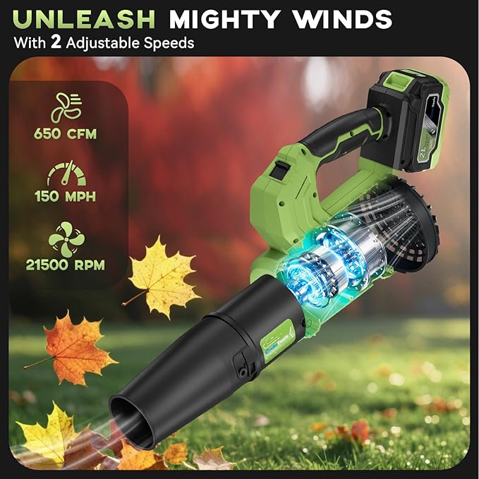 Leaf Blower Cordless - 650 CFM 150 MPH Electric Leaf Blower with 2 x 4.0Ah Batteries & Fast Charger, 2-Speed Settings, Lightweight Blower for Lawn, Yard, Leaves, Dust, and Snow Care (Green)