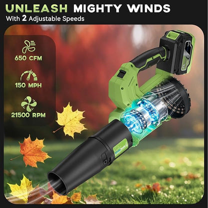 Leaf Blower Cordless - 650 CFM 150 MPH Electric Leaf Blower with 2 x 4.0Ah Batteries & Fast Charger, 2-Speed Settings, Lightweight Blower for Lawn, Yard, Leaves, Dust, and Snow Care (Green)