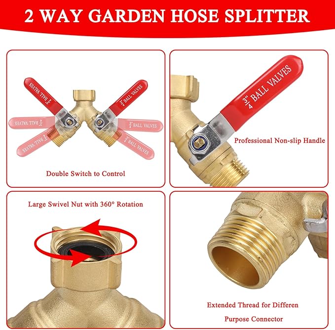 Hose Splitter 2 Way Brass Garden Hose Splitter with Stainless Steel Long Handle Y Valve Water Hose Adapter 3/4" GHT Thread