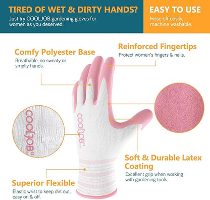 COOLJOB 2 Pairs Gardening Gloves for Women Ladies, Breathable Rubber Coated for Yard Garden, Outdoor Indoor Protective Work with Grip, Medium Size, Blue & Pink