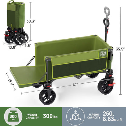 TIMBER RIDGE Beach Wagon with Tailgate, 300lbs Heavy Duty Collapsible Wagon with All-Terrain Big Brakes Wheels, Foldable Utility Cart for Sand Sports Shopping, Green