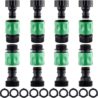 16 Pieces Garden Hose Quick Connect Fittings 3/4 Inch Plastic Water Hose Quick Connect Male and Female Water Hose End Adapters with 10 Pieces Rubber Washer（Green）