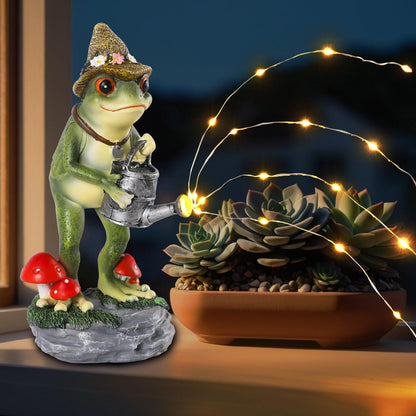 Solar Frog Statue for Garden with Watering Can Light 8.8" Resin Frog Figurine Outdoor Patio Porch Yard Decor Unique Birthday Housewarming Gifts for Women Mom Grandma Wife Sister