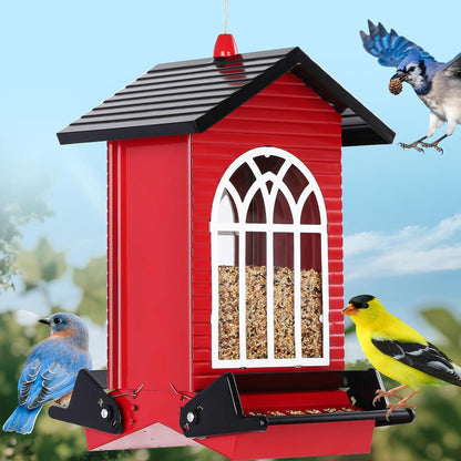 Squirrel Proof Bird Feeder for Outdoors,5LB Large Capacity,Metal Wild Bird Seed Feeder with Bilateral Weight-Activated Perches for Outside Hanging,Finch,Cardinal,Blue Jay,Garden Decoration,Red