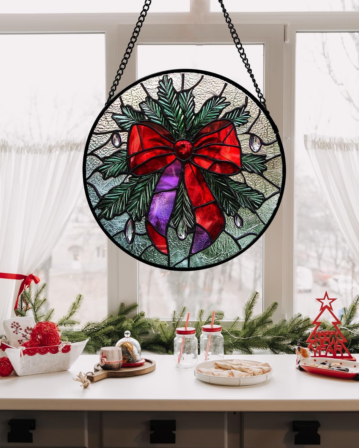 Stained Glass Window Hanging - Purple Gem Christmas Wreath Suncatcher for Doors Home Christmas Decoration Winter Sun Catcher Thanksgiving New Year Birthday Gifts for Women Men Mom Nana 15 in
