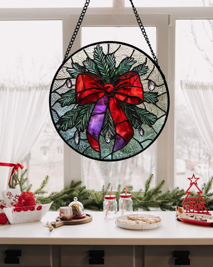 Stained Glass Window Hanging - Purple Gem Christmas Wreath Suncatcher for Doors Home Christmas Decoration Winter Sun Catcher Thanksgiving New Year Birthday Gifts for Women Men Mom Nana 15 in