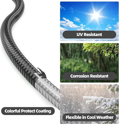 SPECILITE 50ft 304 Stainless Steel Garden Hose Metal, Heavy Duty Water Pipe with Nozzles for Yard, Outdoor - Flexible, Never Kink & Tangle, Puncture Resistant (Black)