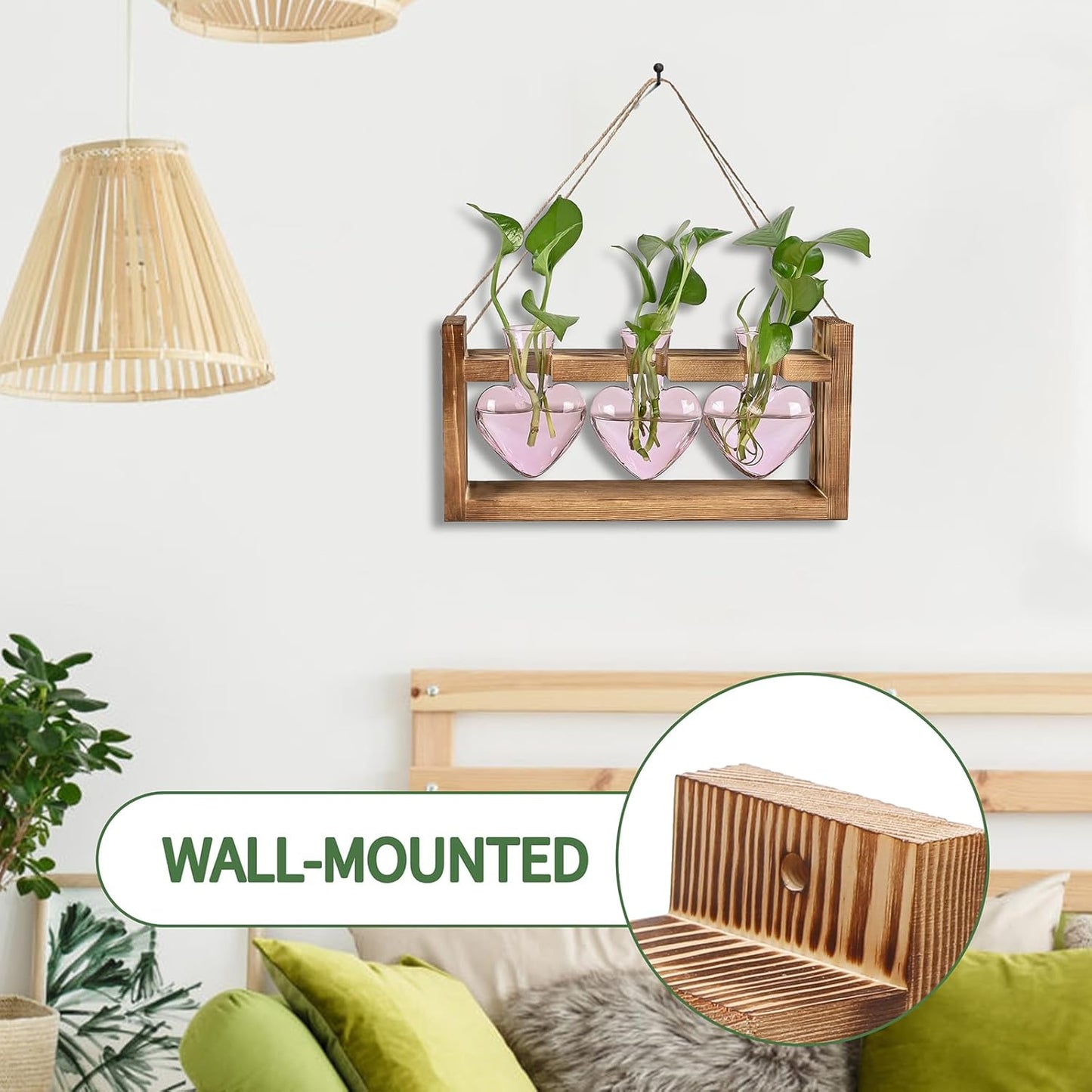 Plant Terrarium Propagation Stations Hydroponics Home Garden Decoration Gift for Women with Wooden Stand Heart Shaped Colored Glass Vase