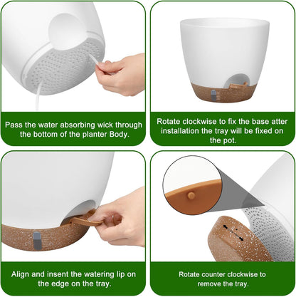 Self-Watering Plant Pots with Water Level Indicator, Drainage Holes & Saucers – 12/10/9 Inch Large Plastic Planter Set for Indoor & Outdoor Plants (White)