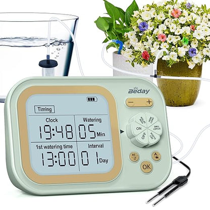 Automatic Plant Waterer Indoor Self Watering System for 15 Potted Plants, Auto Drip Irrigation Kit Programmable Water Timer with Smart Humidity Detection, Green