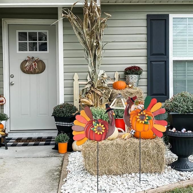 YEAHOME Thanksgiving Decorations Outdoor, 2PCS Turkey Decorative Garden Stakes with Sunflowers for Fall Thanksgiving Decor, Metal Yard Signs for Home Garden Lawn Porch Fall Decorations