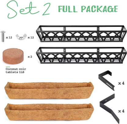 Window Box Railing, 24 Inch Black Metal Hanging Flower Planter Basket with Coco Liner for Outdoor Balcony Porch Fence Patio for Home, Office and Hotel (Black - 2 Pcs/Set)