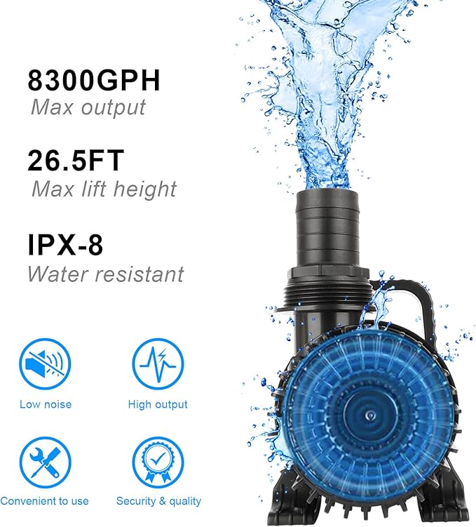 OYO WATER Outdoor Large 8300gph-520W 32.8FT Pond Water-fall & Kio Fish Fountain-s &Garden Pump Submersible IPX8: Long 32.8FT Cord Smart-er & Quieter Duck & Yard &Patio Ponds Pumps, 1 Barrier Pump Bag