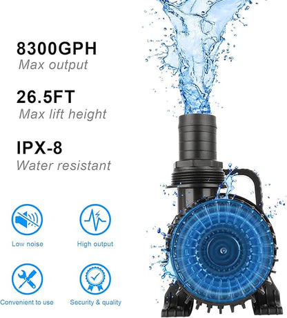 OYO WATER Outdoor Large 8300gph-520W 32.8FT Pond Water-fall & Kio Fish Fountain-s &Garden Pump Submersible IPX8: Long 32.8FT Cord Smart-er & Quieter Duck & Yard &Patio Ponds Pumps, 1 Barrier Pump Bag