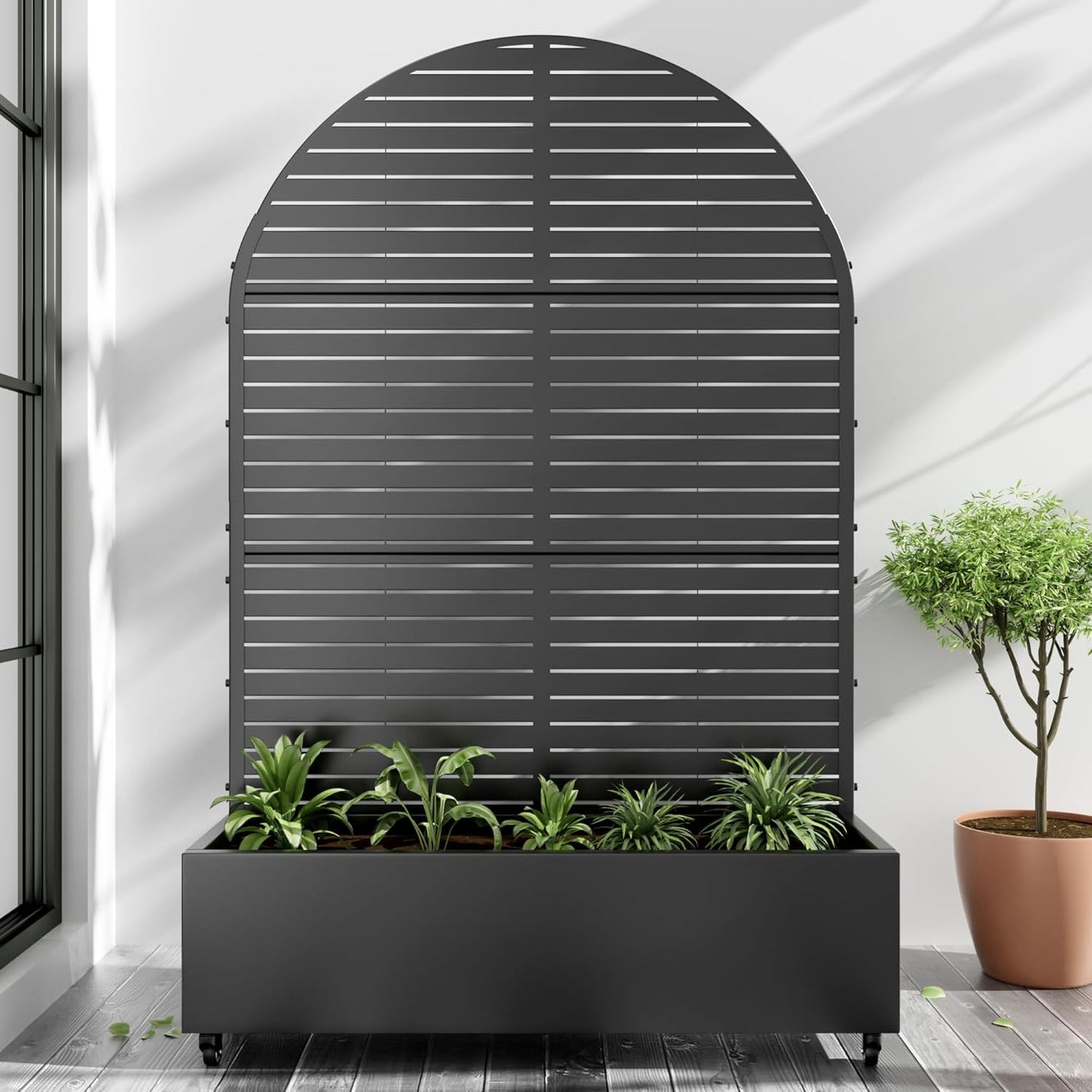Casaphoria Metal Raised Garden Bed with Trellis and Wheels, 72"x47"x16" Arched Planter Box for Climbing Plants, Vegetables & Vines, Features Drainage Holes and Privacy Screen (Black-Louvered)
