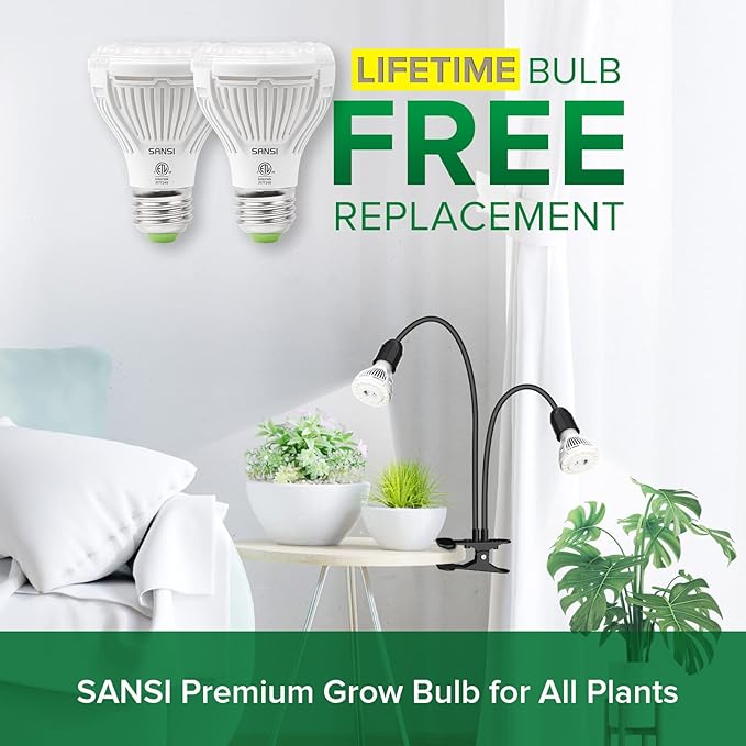 SANSI LED Grow Lights for Indoor Plants, Lifetime Free Bulb Replacement, 300W Full Spectrum Dual Gooseneck Clip Plant Grow Light, Plant Light with Timer 4/8/12 Hrs, High PPFD Growing Power Grow Lamp