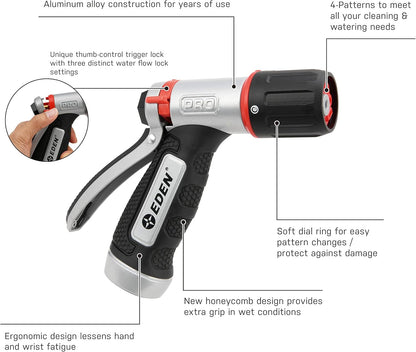 Eden 94844 Heavy Duty Metal Garden Hose Nozzle,HIGH Pressure 4-Pattern Watering Sprayer W/Quick Connector Set for Watering Garden, Lawns, Plants, Showering Pets, Washing Car