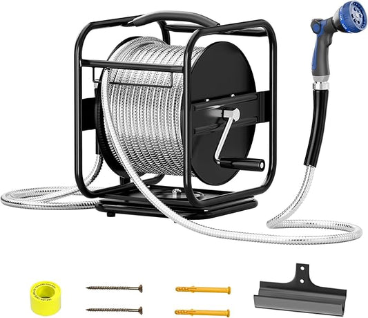 100ft Retractable Garden Hose Reel, Wall Mounted Metal Garden Hose Reel, Heavy Duty Stainless Steel Hose Reel with 9-Pattern Nozzle for Outside, Portable & 360° Rotation Frame