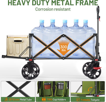 TIMBER RIDGE Beach Wagon with Tailgate, 300lbs Heavy Duty Collapsible Wagon with All-Terrain Big Brakes Wheels, Foldable Utility Cart for Sand Sports Shopping, Green