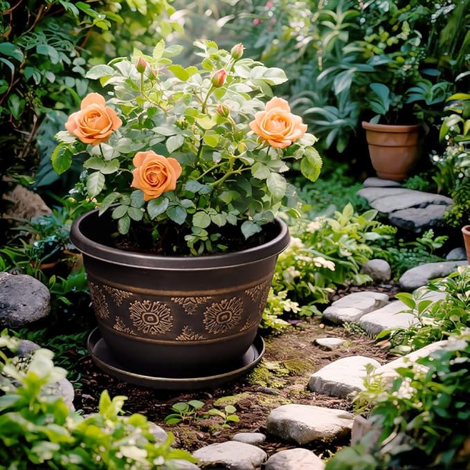 4 Pack 10 inch Plant Pots, Retro Pattern Planters with Drainage Holes and Saucer, Sturdy Plastic Garden Flower Pots for Indoor & Outdoor Plants