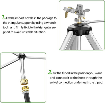 SPECILITE Brass Impact Sprinkler on Tripod Base, 50” Heavy Duty Metal Pulsating Telescoping Sprinkler, 360 Degree Irrigation for Large Area, Yard, Lawn, Waters up to 90ft, Covering up to 6360sqft