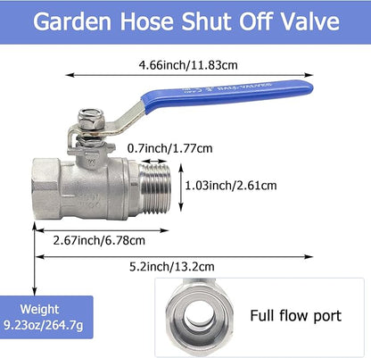 Garden Hose Shut Off Ball Valve Full Flow Water Valve 3/4''GHT Female to Male Heavy Duty Lead-free 304 Stainless Steel Long Handle No Restricted-Flow Water Shut Off Connector