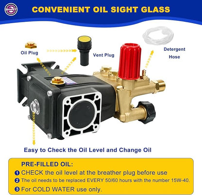 Pressure Washer Pump, 3/4" Shaft Horizontal Triplex Plunger, 3300 PSI, 3GPM, Replacement Power Washer Pumps Kit with 5 Nozzles