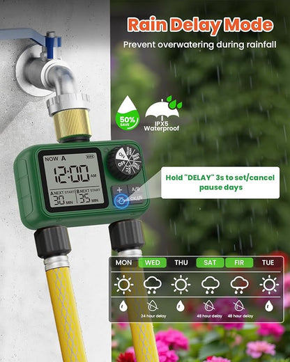 2 Outlet Sprinkler Timer Brass, XinFuture Programmable Water Sprinkler Controller for Yard, Lawn & Greenhouse, Automatic/Manual/Rain Delay Mode, Compatible with Drip Irrigation Systems