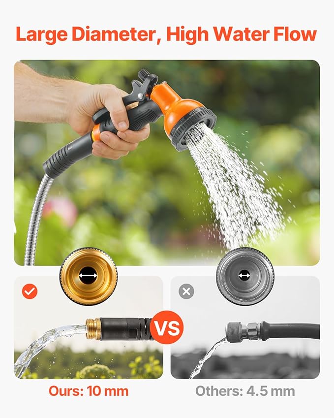 VEVOR Garden Hose Metal 75 ft, Rust Proof Stainless Steel Water Hose, Heavy Duty Backyard Hose with 10 Function Nozzle, No-Kink & Flexible Water Pipe, Lightweight Metal Hose for Yard, Outdoor