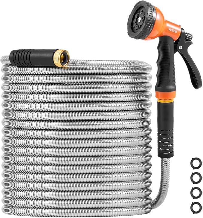 VEVOR Garden Hose Metal 50FT – Heavy Duty Stainless Steel Water Hose, Flexible, No Kink & Tangle, Puncture Resistant & Rust Proof, Lightweight w/ 10-Function Spray Nozzle for Yard, Outdoor, Gardening