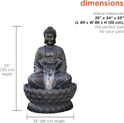 Alpine Corporation WIN1170 53" Outdoor Floor Calming Buddha Statue Waterfall Fountain – Realistic Stone Look, Water Feature for Garden, Patio, Yard, and Outdoor Spaces, Gray