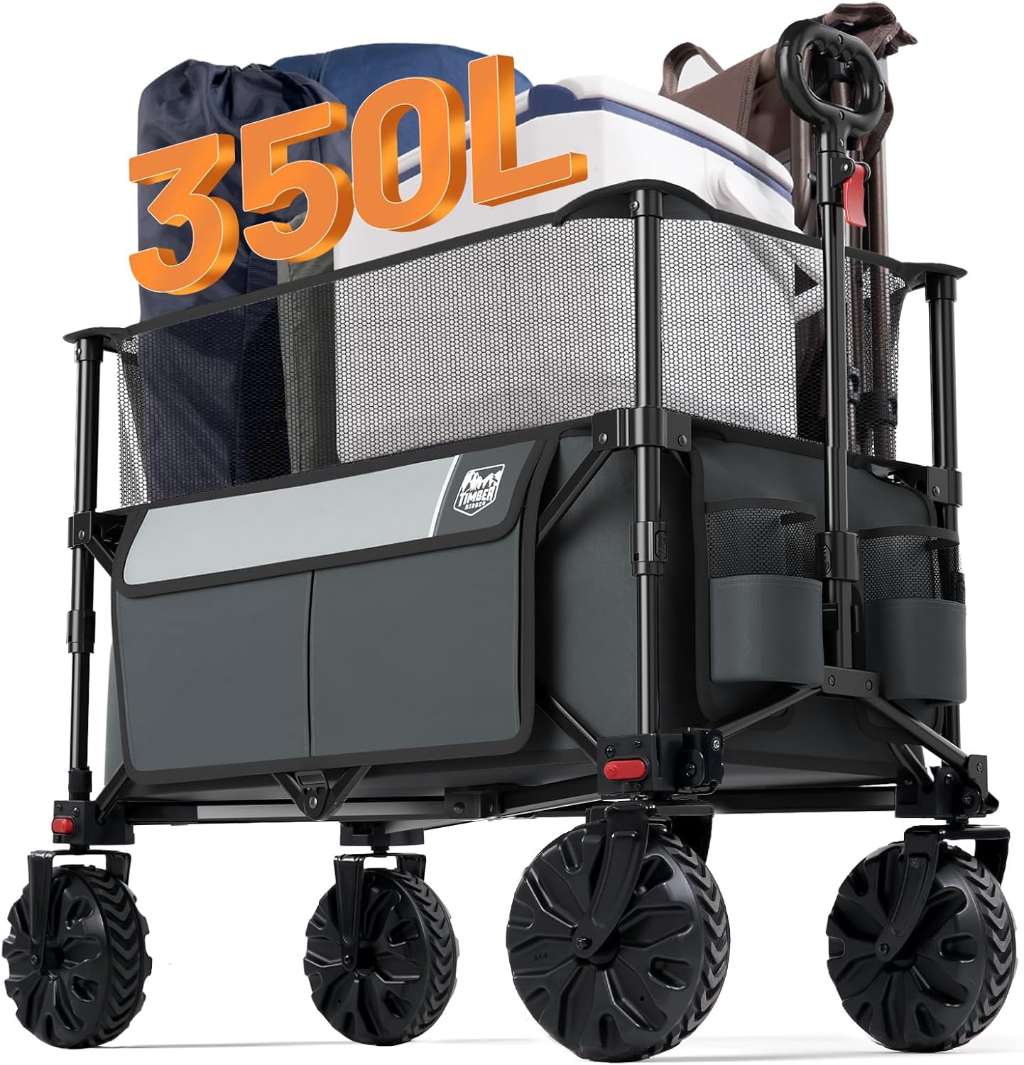 TIMBER RIDGE Foldable Wagon 350L Extendable Height, Large Capasity Collapsible Wagon Cart with All Terrians Detachable Wheels, Compact Folding Utility Wagon for Camping, Fishing, Shopping Grey