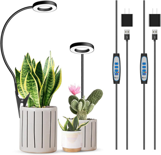 Plant Light 2 Pack, Clip on Grow Lights for Indoor Plants, LED Full Spectrum Halo Grow Lamp with, 6/12/16H Timer, 5 Dimmable, 3 Modes, 2 Installation Options Clip or Plug
