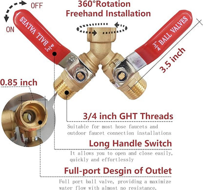 Garden Hose Splitter 2 Way,Brass Water Hose Splitter with Stainless Steel Long Handle,Outdoor Full Flow Hose Splitter Connector,Y Valve 3/4 Inch GHT Thread（Freehand Installation Version）