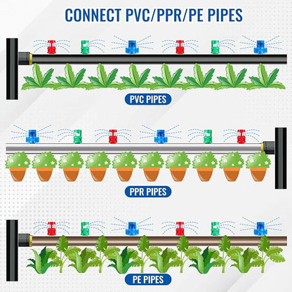 180Pcs Drip Irrigation Emitters, 3 Color Heads Irrigation Misting Sprinkler, Refraction Micro Sprayer Applicable for Lawn Watering System(90/180/360 Degrees)