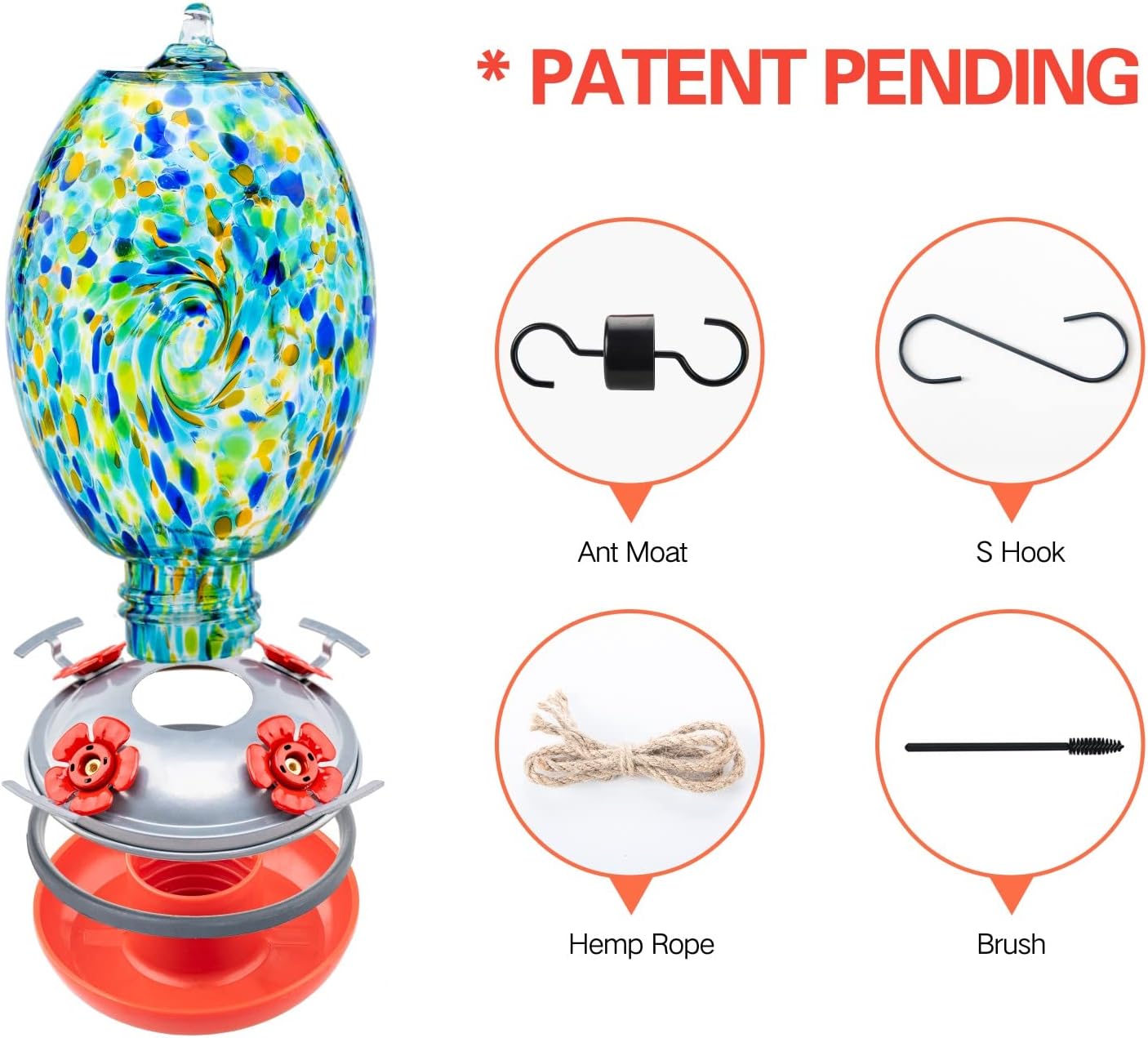 Muse Garden Glass Humming Bird Feeders for Outdoors - 27OZ Blown Glass Hummingbird Feeder - Unique Gift for Mom Gardeners Women, Outdoors Hanging Garden Decor, Includes Ant Moat & Brush, Starry Night