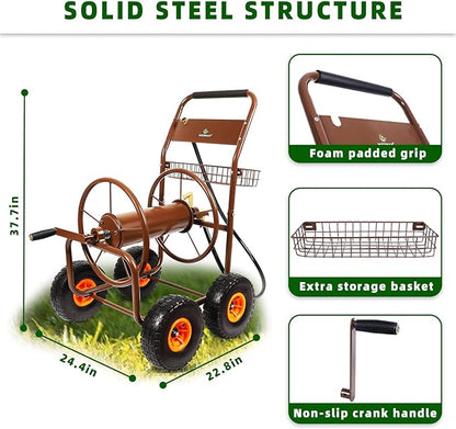 2025 Upgrade Hose Reel Cart, Garden Hose Cart with 4 Wheels, Heavy Duty Freestanding Water Hose Reels for Outside, Hold Up to 300 ft of 5/8'' for Garden Lawn Yard Outdoor