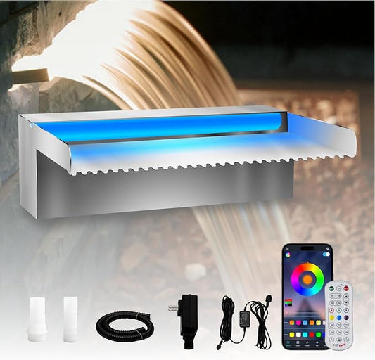 Pool Waterfall Spillway Stainless Steel Koi Pond Fountain, APP Control LED Lighted Waterfalls Kit, Outdoor Water Flow Fountains for Garden Swimming Pool Decoration-11.8"x7.8"x3.9"