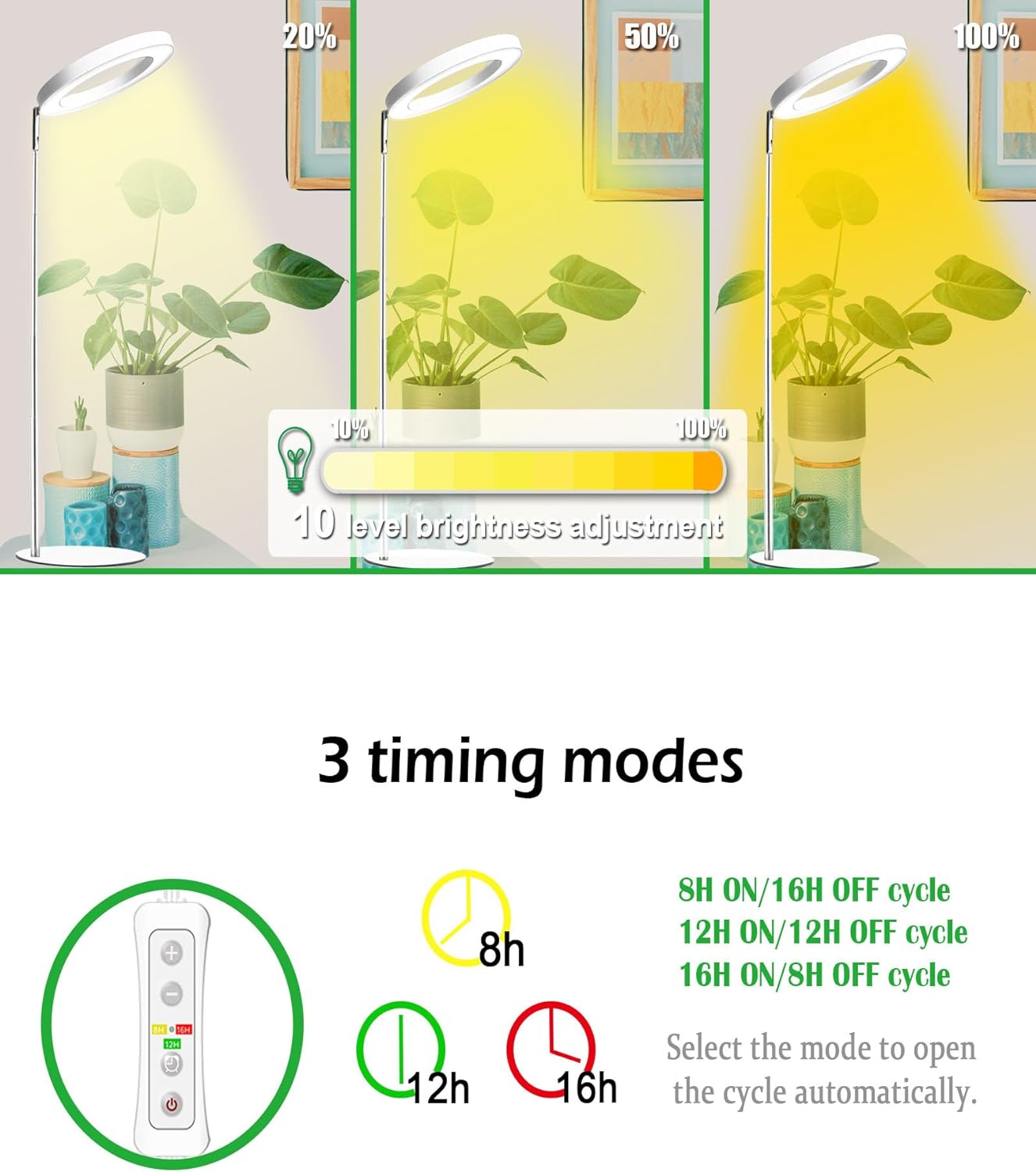 yadoker 72 LEDs Full Spectrum Plant Grow Light for Indoor Plants，Height Adjustable, 6.3" Aluminum Housing,Automatic Timer with 8/12/16 Hours,10-Level Brightness,Ideal for Small and Medium Plant Grow