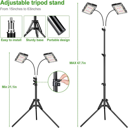 LBW Grow Light for Indoor Plants, Dual Heads Full Spectrum LED, Auto On/Off Timer, 6 Dimmable Levels, 3 Switch Modes, Adjustable Tripod Stand 15-63 inches