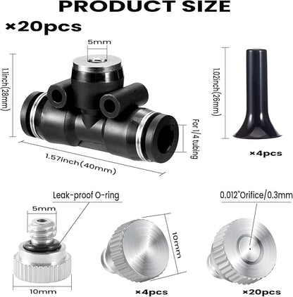 48 Pcs Brass Misting Nozzles Kit,0.012 Orifice (0.3 mm) 10/24 UNC Mister Nozzles 1/4 Inch Sliding Lock Tees for Outdoor Cooling System 20 Misting Tees,20 Spray Nozzles,4 Brass Plugs,4 Black Plugs
