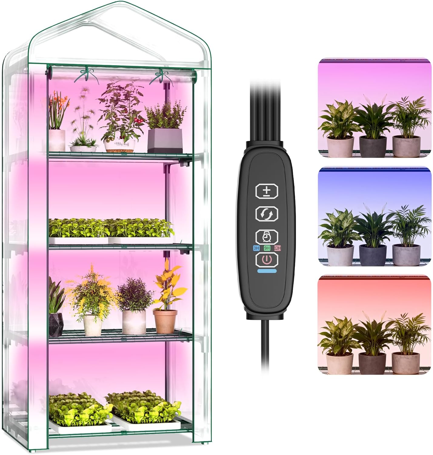 Indoor Greenhouse with Grow Light, 4-Tier 27.6"x19"x63" Mini Greenhouse with Roll-Up Zippered PVC Cover for Seed Starting Trays, Dimmable Grow Light Shelf for Indoor Plants with Timer