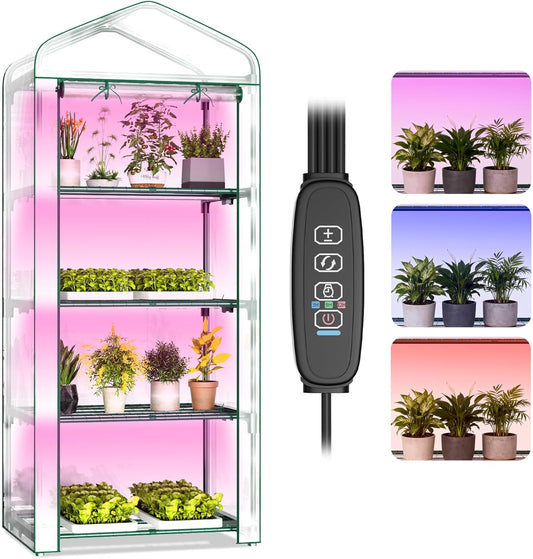 Indoor Greenhouse with Grow Light, 4-Tier 27.6"x19"x63" Mini Greenhouse with Roll-Up Zippered PVC Cover for Seed Starting Trays, Dimmable Grow Light Shelf for Indoor Plants with Timer