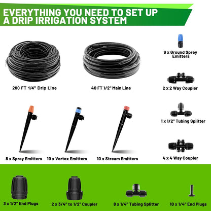 240FT Drip Irrigation System, 2025 Upgraded Quick Connector Irrigation System for Garden, Adjustable Nozzles, Garden Watering System with 1/4" & 1/2" Tubing, Sprinklers for Garden, Greenhouse, Lawn